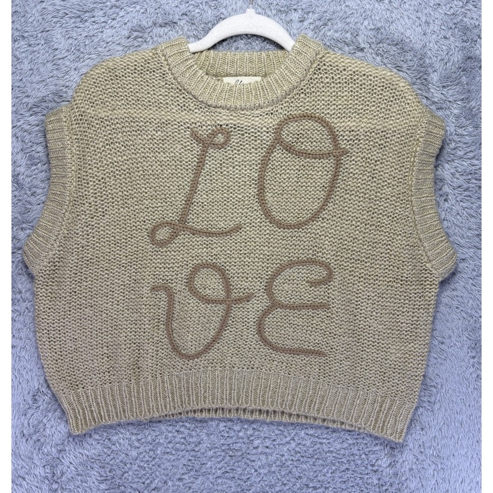 Elan Womens Small Love Short Sleeve Sweater‎ Beige Embroidered Cropped Boxy - Picture 2 of 9